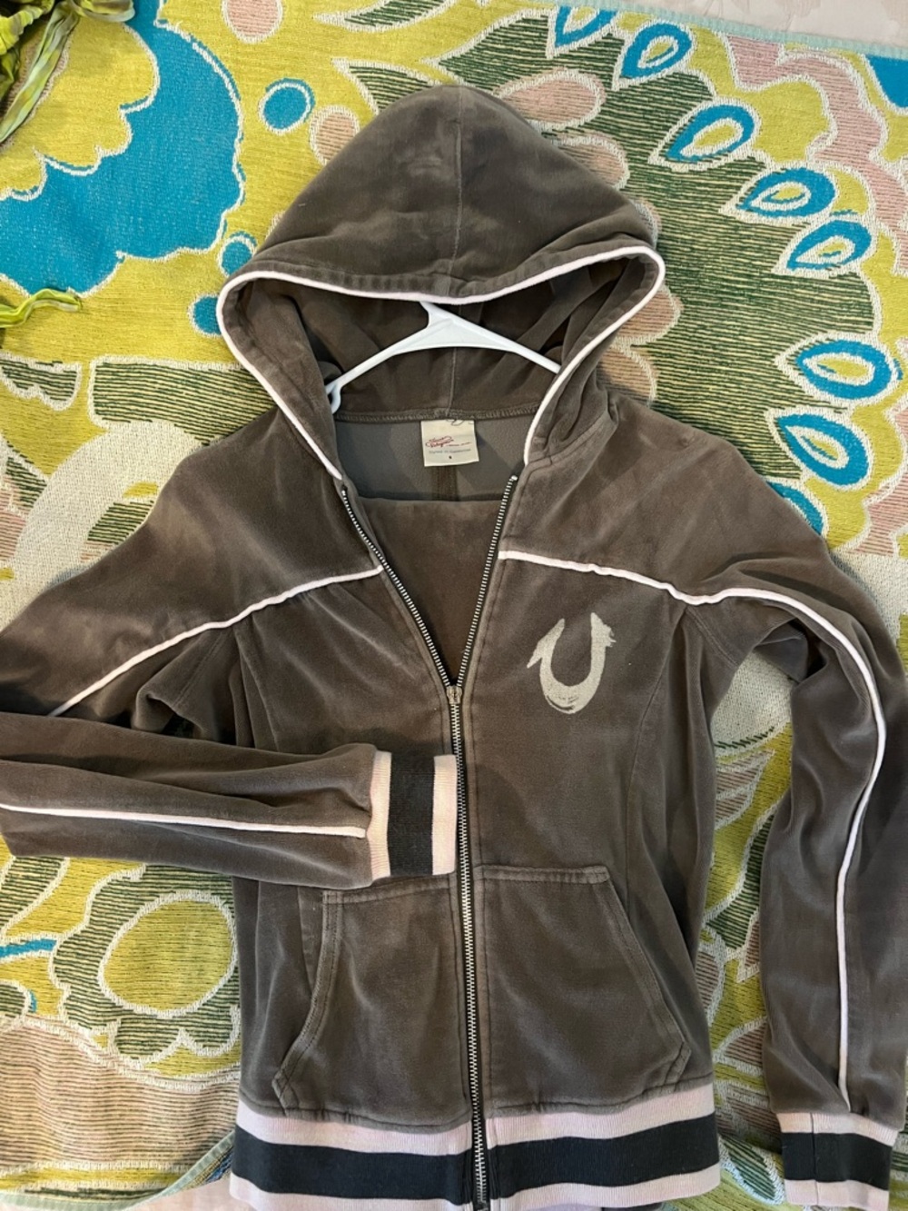 True Religion Brown Velour Zip Hoodie with Light Pink Piping